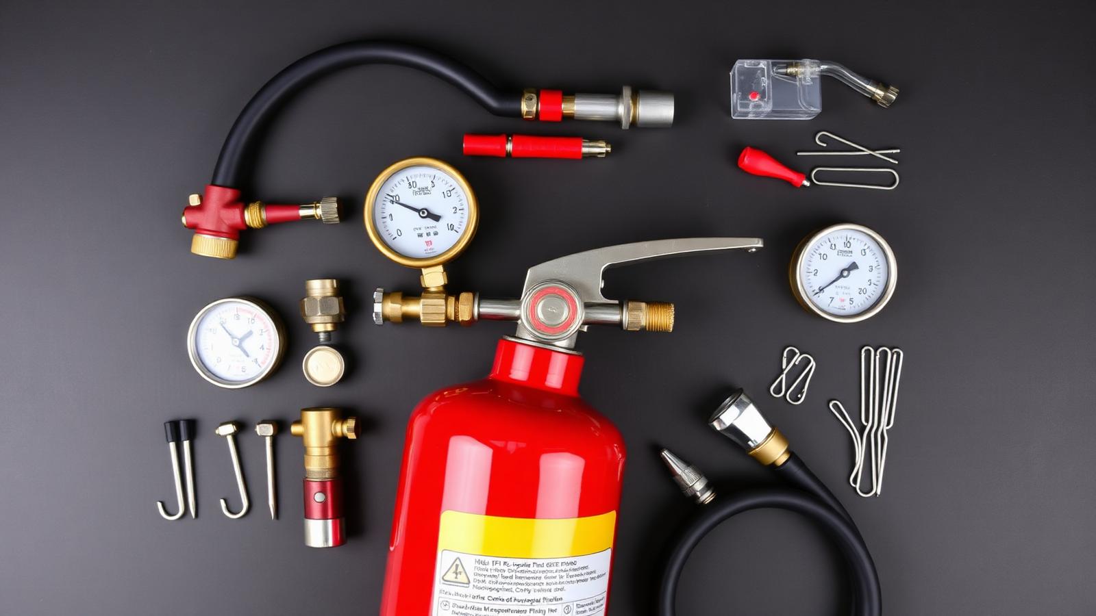 Komponen tabung pemadam: valve head, pressure gauge, selang, nozzle, dan safety pin