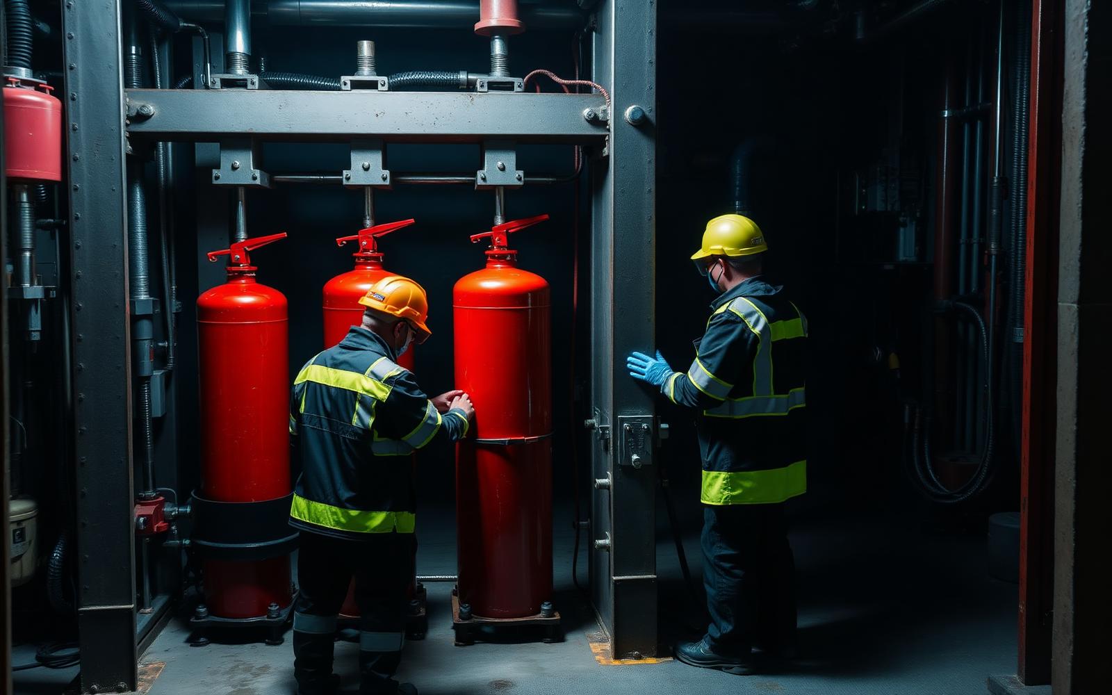 Teknisi melakukan hydrotest cylinder tabung pemadam APAR di workshop PT. Global Mitra Proteksindo
